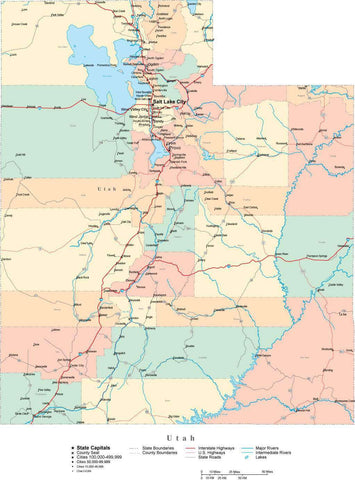 Utah State Map - Multi-Color Cut-Out Style - with Counties, Cities, County Seats, Major Roads, Rivers and Lakes