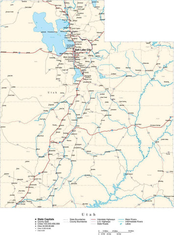 Utah Map - Cut Out Style - with Capital, County Boundaries, Cities, Roads, and Water Features