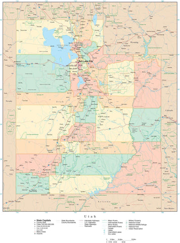 Detailed Utah Digital Map with Counties, Cities, Highways, Railroads, Airports, and more