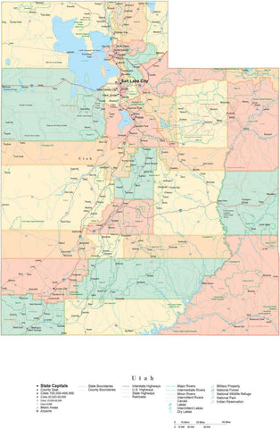 Detailed Utah Cut-Out Style Digital Map with Counties, Cities, Highways, and more