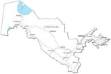 Uzbekistan Black & White Map with Capital, Major Cities, Roads, and Water Features