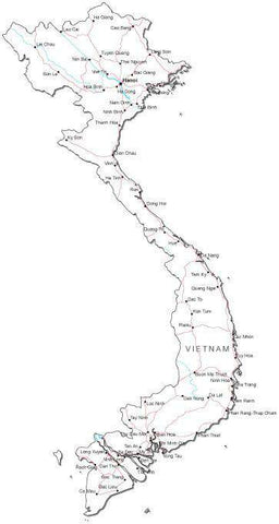 Vietnam Black & White Map with Capital, Major Cities, Roads, and Water Features