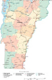 Vermont State Map - Multi-Color Cut-Out Style - with Counties, Cities, County Seats, Major Roads, Rivers and Lakes