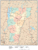 Vermont Map with Counties, Cities, County Seats, Major Roads, Rivers and Lakes