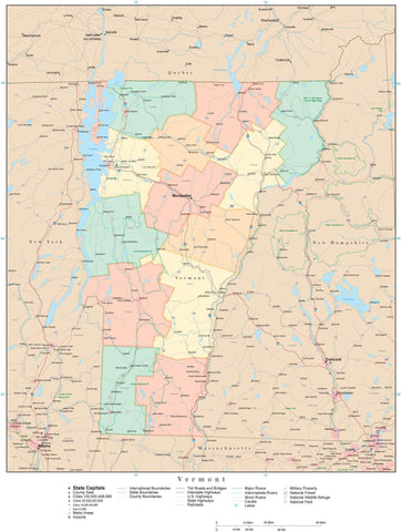 Detailed Vermont Digital Map with Counties, Cities, Highways, Railroads, Airports, and more