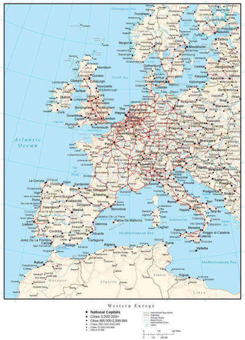 Western Europe Map with Country Boundaries, Capitals, Cities, Roads and Water Features