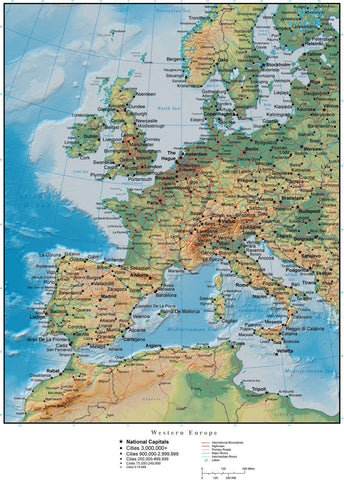 Western Europe Map with Land and Ocean Floor Terrain