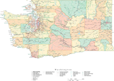 Detailed Washington Cut-Out Style Digital Map with Counties, Cities, Highways, and more