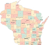 Multi Color Wisconsin Map with Counties, Capitals, and Major Cities