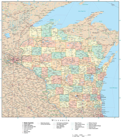 Detailed Wisconsin Digital Map with Counties, Cities, Highways, Railroads, Airports, and more