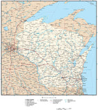 Wisconsin Map with Capital, County Boundaries, Cities, Roads, and Water Features