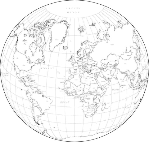 Digital World Map with Countries - Circular Projection - Black & White