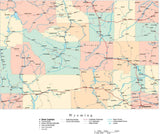 Wyoming State Map - Multi-Color Cut-Out Style - with Counties, Cities, County Seats, Major Roads, Rivers and Lakes