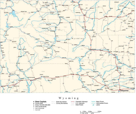 Wyoming Map - Cut Out Style - with Capital, County Boundaries, Cities, Roads, and Water Features