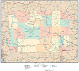 Wyoming Map with Counties, Cities, County Seats, Major Roads, Rivers and Lakes