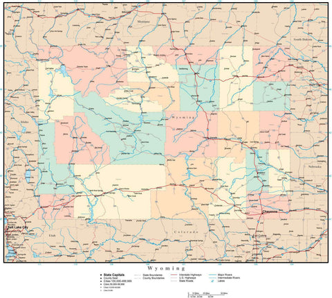 Wyoming Map with Counties, Cities, County Seats, Major Roads, Rivers and Lakes