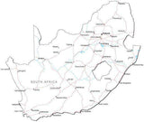 South Africa Black & White Map with Capital, Major Cities, Roads, and Water Features