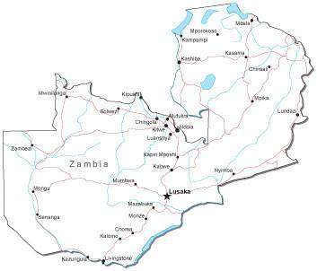 Zambia Black & White Map with Capital, Major Cities, Roads, and Water Features
