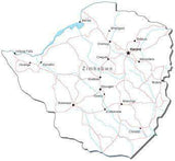 Zimbabwe Black & White Map with Capital, Major Cities, Roads, and Water Features