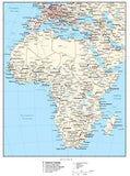 Africa Map with Country Boundaries, Capitals, Cities, Roads and Water Features