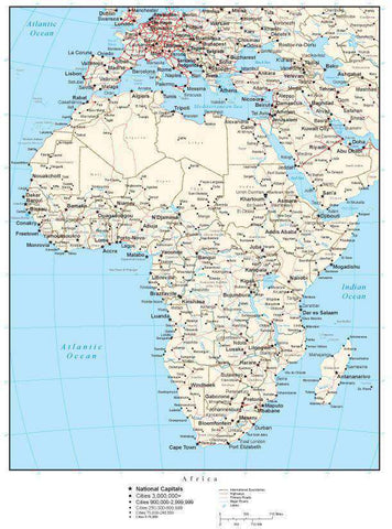 Africa Map with Country Boundaries, Capitals, Cities, Roads and Water Features