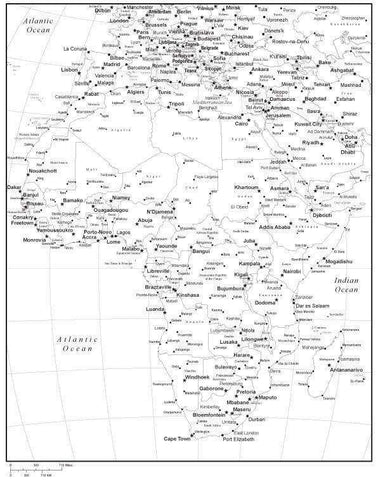 Black & White Africa Map with Countries, Capitals and Major Cities - AFRICA-533818