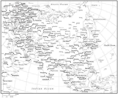 Black & White Asia Map with Countries, Capitals and Major Cities - ASIAXX-533888