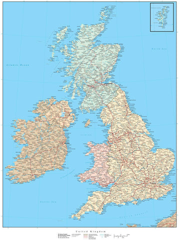 United Kingdom Map - 17 x 22 Inches - High Detail