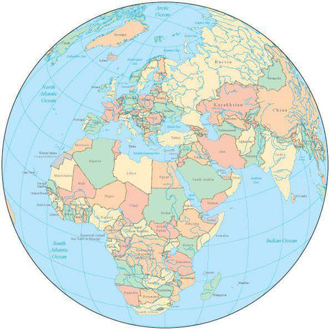 Globe over Africa & Europe Map with Countries and Water Features