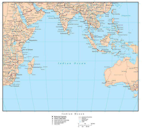 Indian Ocean Map with Countries Capitals Cities Roads and Water Features