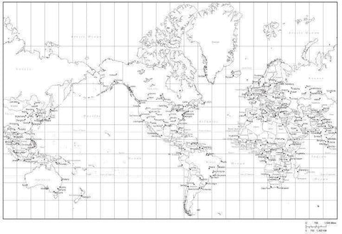 Black & White World Map with Countries Capitals and Major Cities - MC-AMR-253490