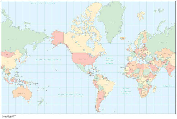 World Map - Multi Color Americas Centered, with Countries