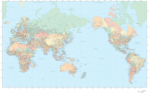 35 x 22 Inch Poster Size World Map - Asia / Australia Centered - High Detail