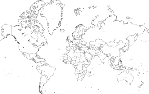 35 x 22 inch Black and White World Map - Mercator Projection