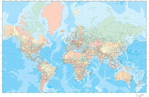 World Map - Mercator Projection with Countries US States Canadian Provinces plus Ocean Floor Contours
