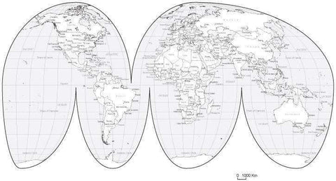 Black & White World Map with Countries Capitals and Major Cities - MW-INT-253477