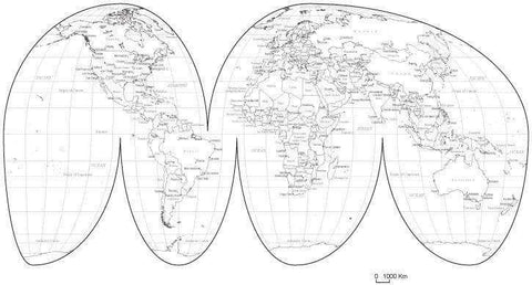 Black & White World Map with Countries Capitals and Major Cities - MW-INT-253596