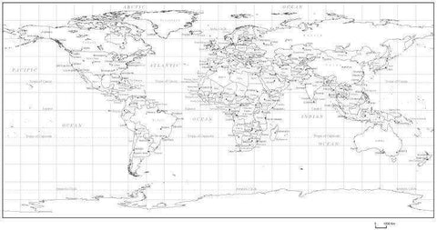Black & White World Map with Countries Capitals and Major Cities - PLTCRE-253693