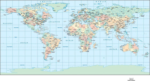 World Map - Europe / Africa Centered - Platte Carre / Geographic / Rectangular Projection