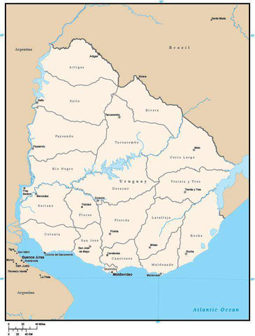 Uruguay Digital Vector Map with Administrative Areas and Capitals