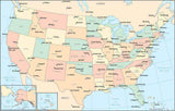 Digital USA Map with Major Cities - Multi-Color
