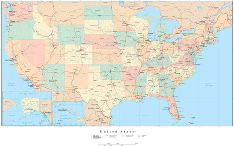 Poster Size USA Map with Counties Cities Interstates and Water Features - Platte Carre Projection