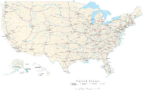 Poster Size USA Map with County Boundaries, Cities, Interstates, Water Features, and more