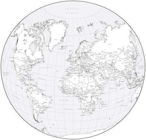 Black & White World Map with Countries Capitals and Major Cities - WLDCIR-253553