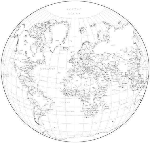 Black & White World Map with Countries Capitals and Major Cities - WLDCIR-253565