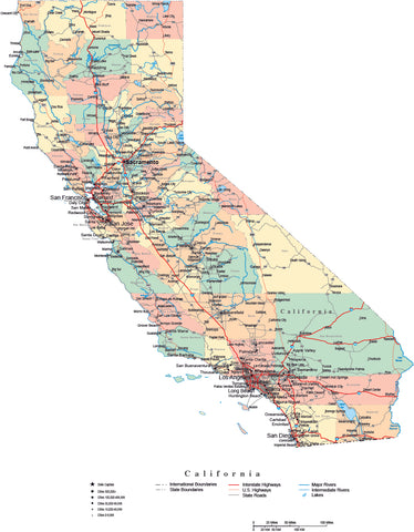 California State Map - Multi-Color Cut-Out Style - with Counties, Cities, County Seats, Major Roads, Rivers and Lakes