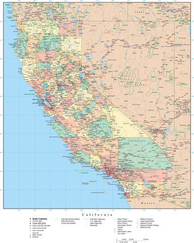 Detailed California Digital Map with Counties, Cities, Highways, Railroads, Airports, National Parks and more