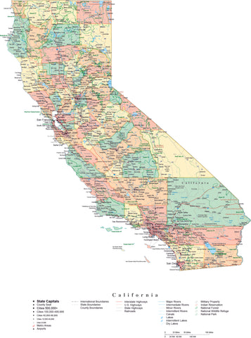Detailed California Cut-Out Style Digital Map with Counties, Cities, Highways, National Parks and more