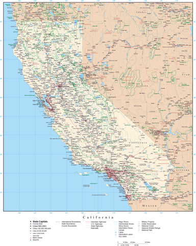 Detailed California Digital Map with County Boundaries, Cities, Highways, National Parks, and more