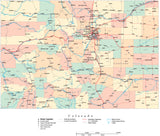 Colorado State Map - Multi-Color Cut-Out Style - with Counties, Cities, County Seats, Major Roads, Rivers and Lakes